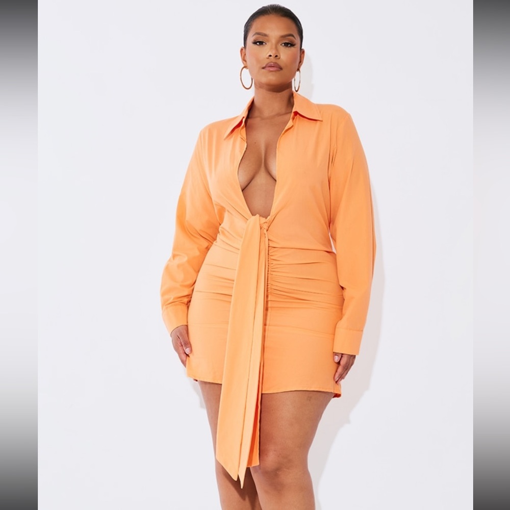 PLT Orange Ruched Front Plunge Shirt Dress